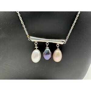 Dog House Pearls Three Pearl Multicolor Dangle Sterling Bar Necklace Minimalist